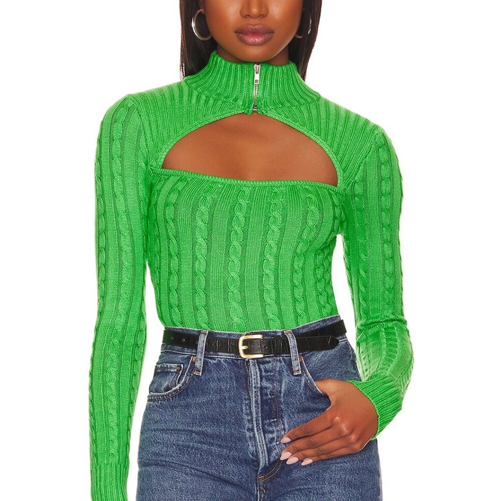 NWT SUPERDOWN Green Long Sleeve Cut-Out Corset Knit Sweater Top Sz. L
